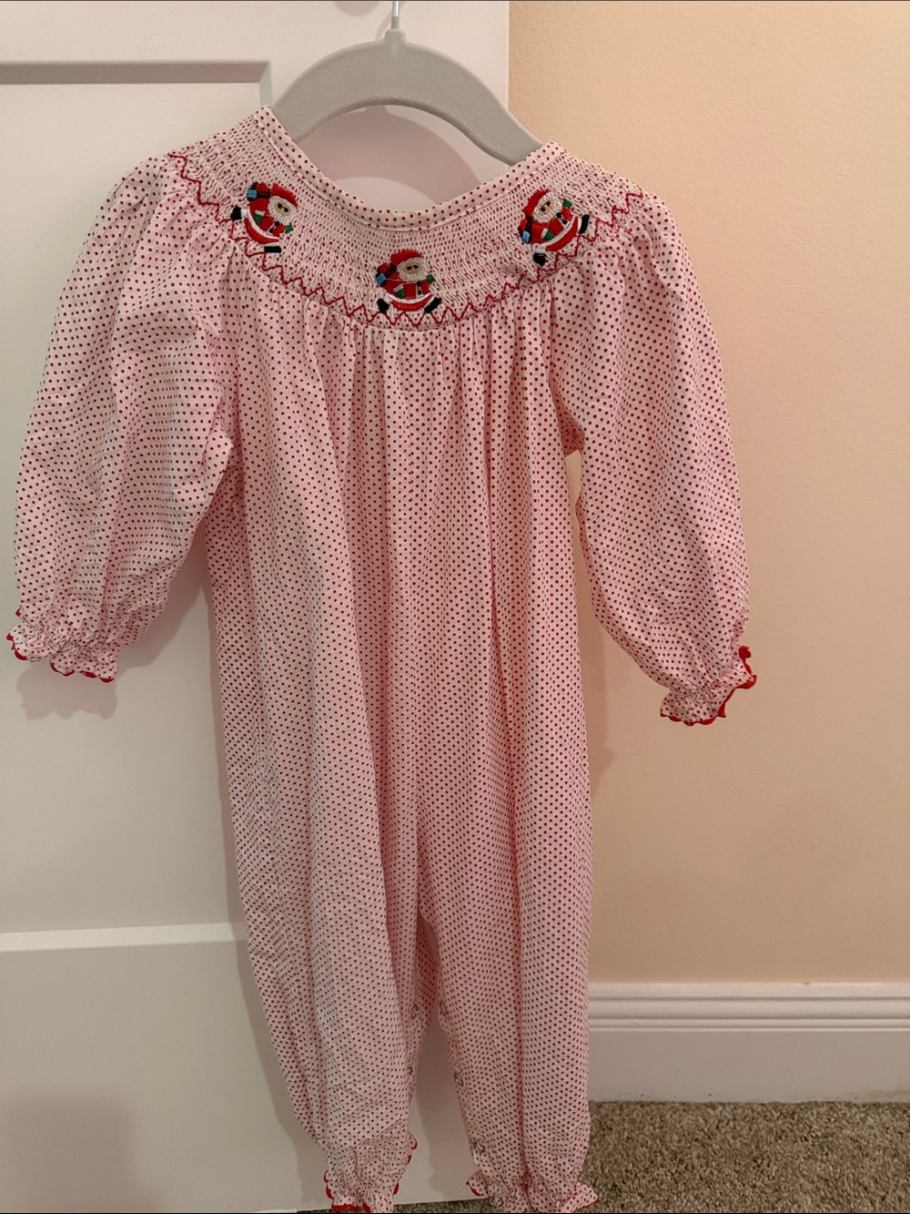 Smocked Pink Polka Dot Holiday Infant Romper with Santa Appliqués